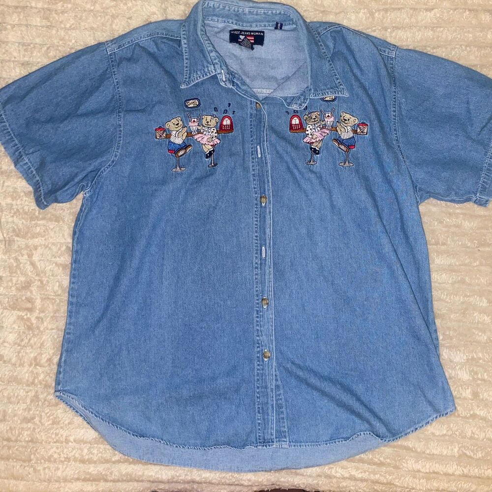 Vintage Quizz Jeans Denim Shirt Size 20 Embroidered Teddy Bear Soda Fountain